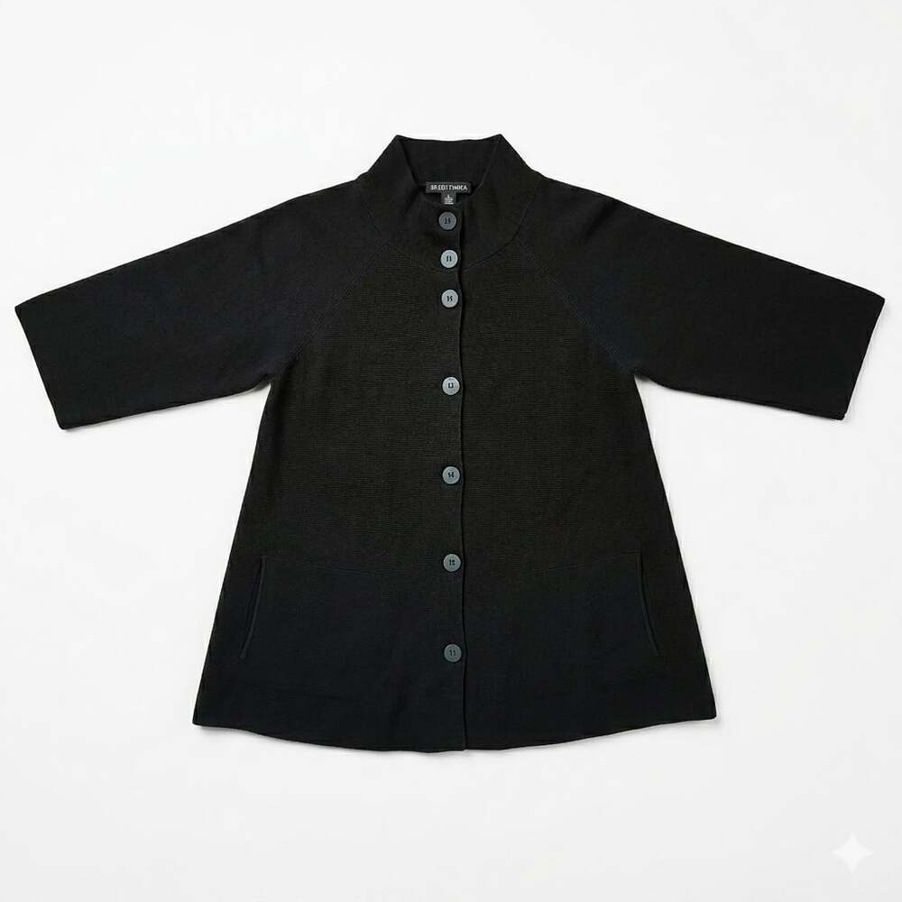 Eileen Fisher Black Sz Small Petite Silk Cotton Mock Neck Cardigan Jacket